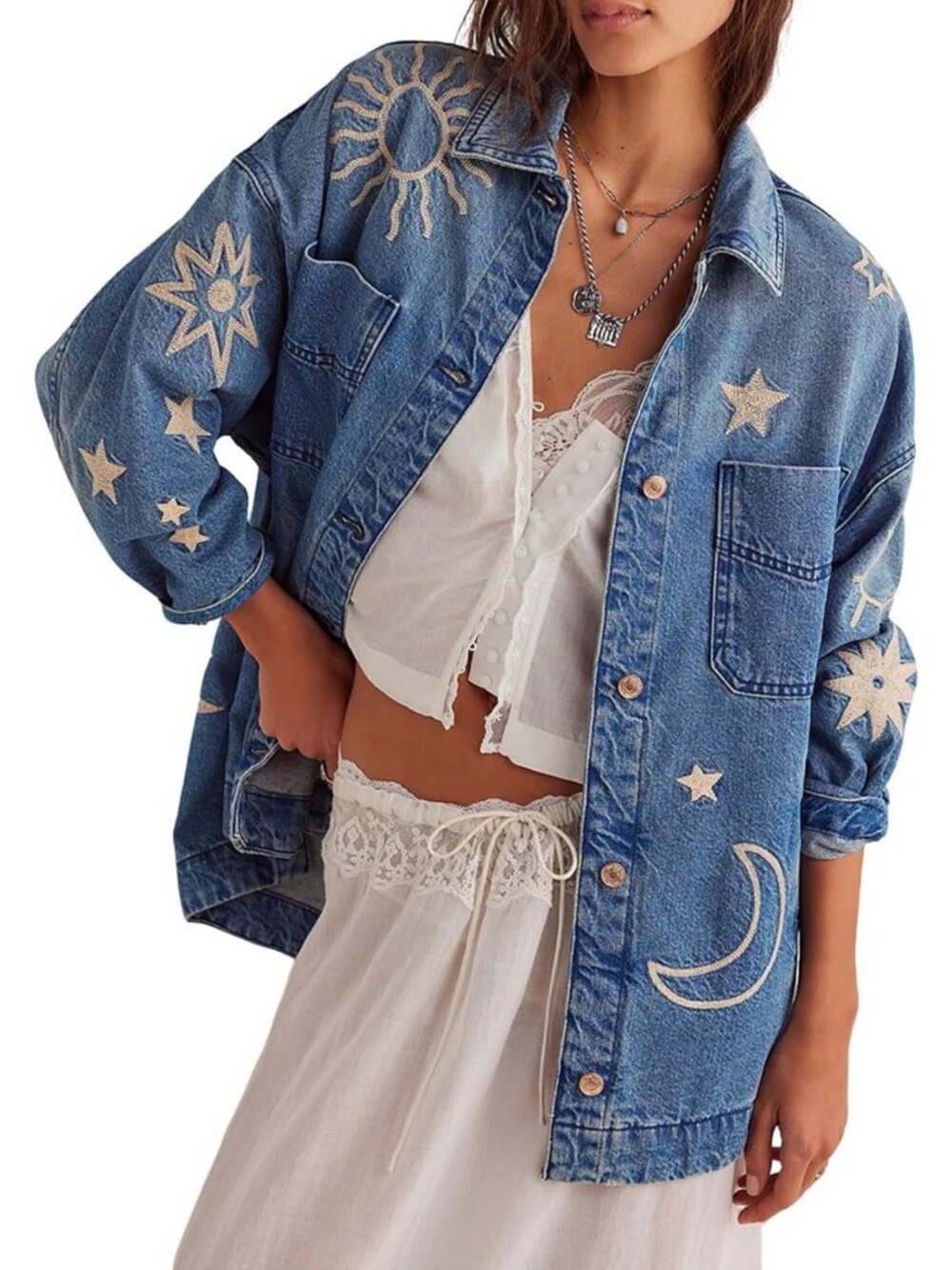 Vintage-Inspired Oversized Denim Jacket with Embroidery, Button-Up Lapel, and